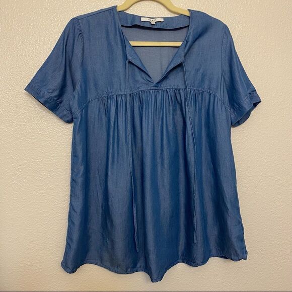 Ro + De blue Chambray blue Tie Neck Tencel Top coastal beachy lagenlook S - Picture 2 of 8